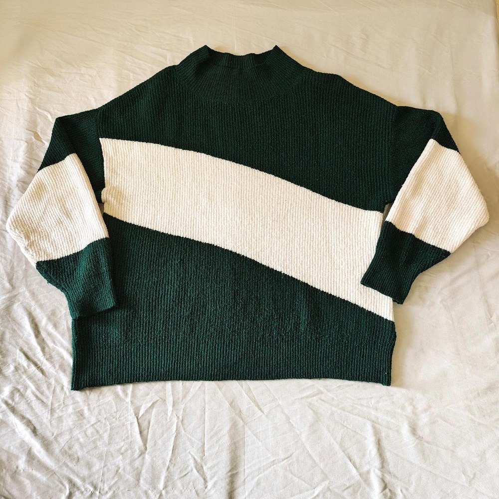 Nine West Women XL Green Cream Colorblock Mock Neck Asymmetrical Knit Sweater
